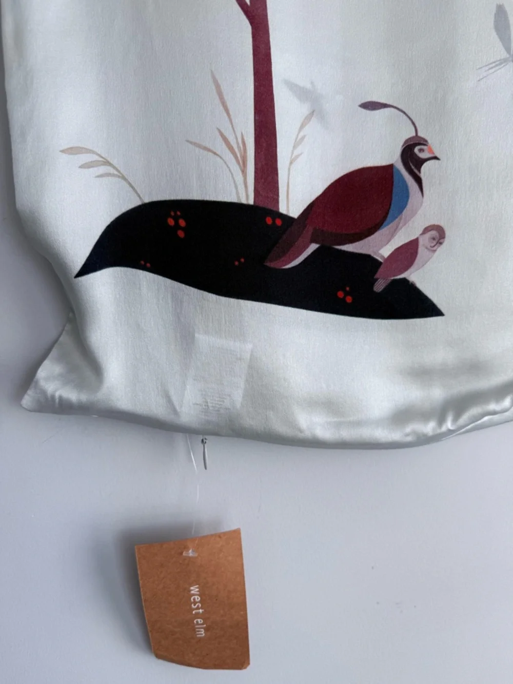West Elm Silk Pillow Cover 20x20 Nature Print Bird Tree Minimalist Boho Decor